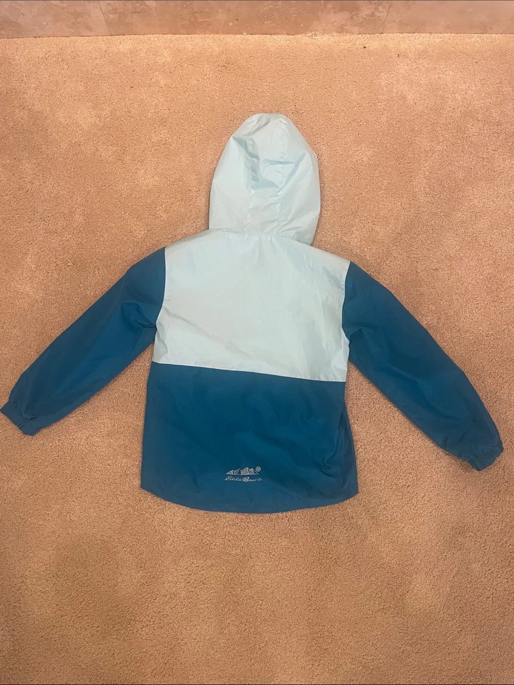 Eddie Bauer girls 2 tone teal windbreaker light hooded jacket